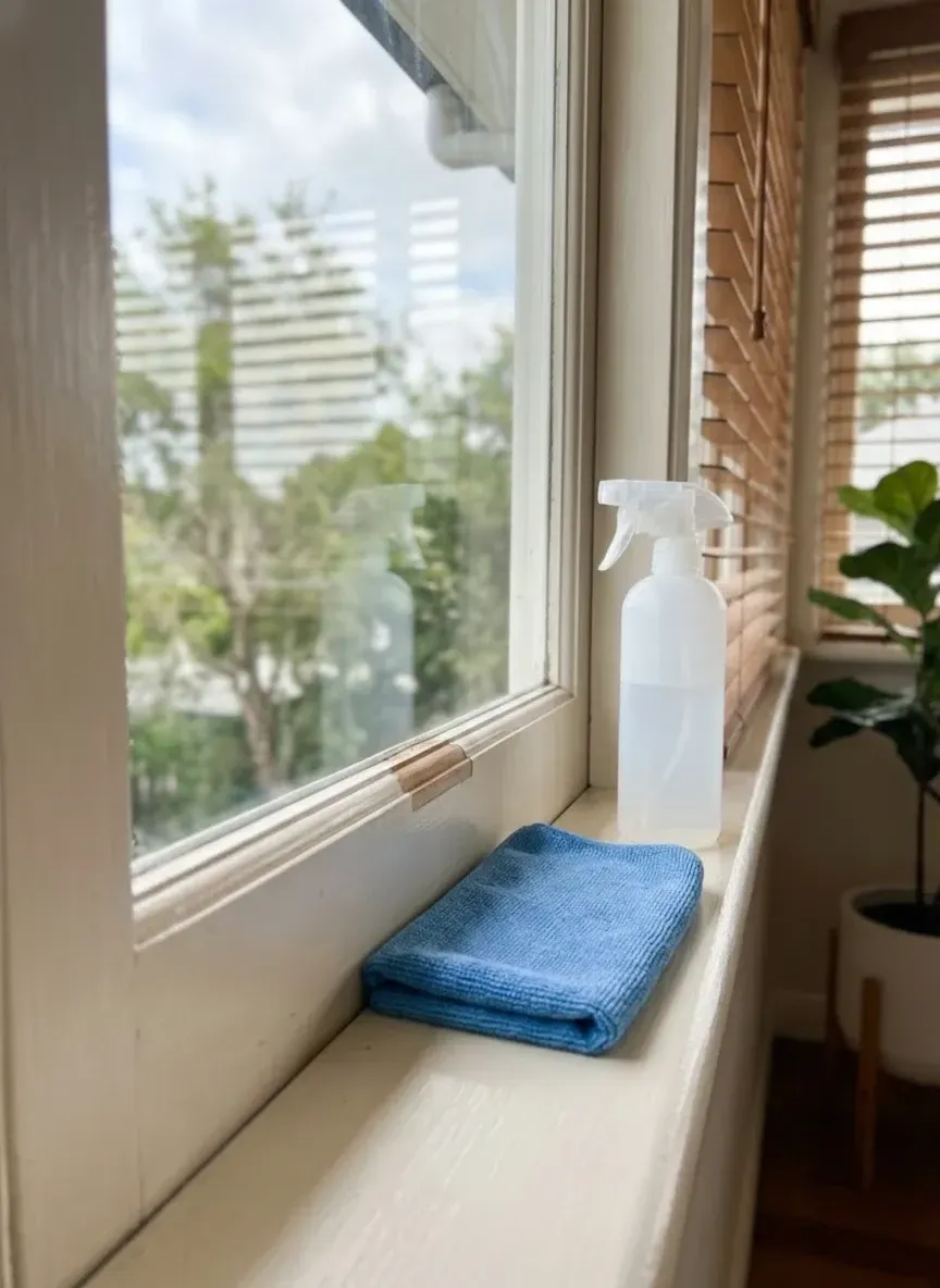 cleaning repaired window glass with microfibre cloth for streak free finish